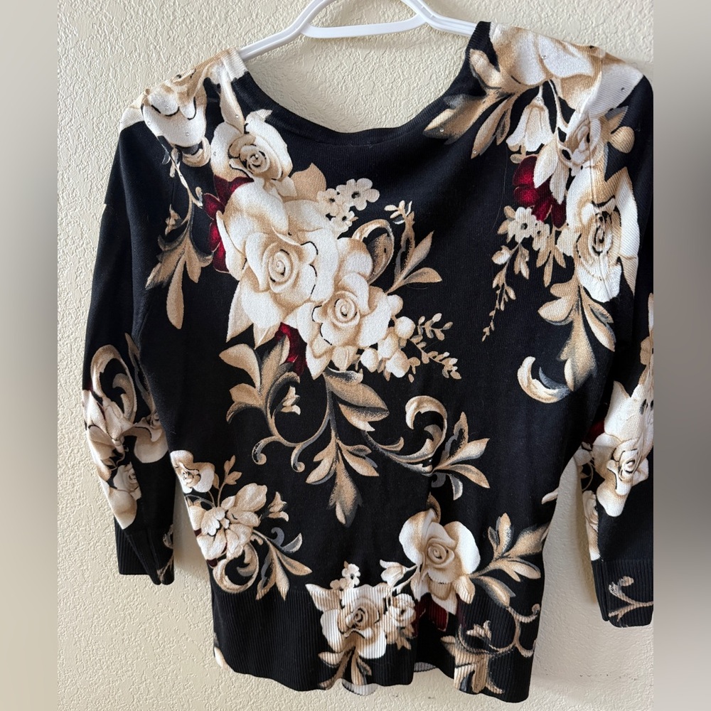 White House Black Market Black Floral V-Neck Cardigan with Cream Roses - Picture 2 of 6